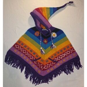 Norskwear Rainbow Chunky Knit 100% Wool Pointy Hood Poncho, Big Girl's Size S